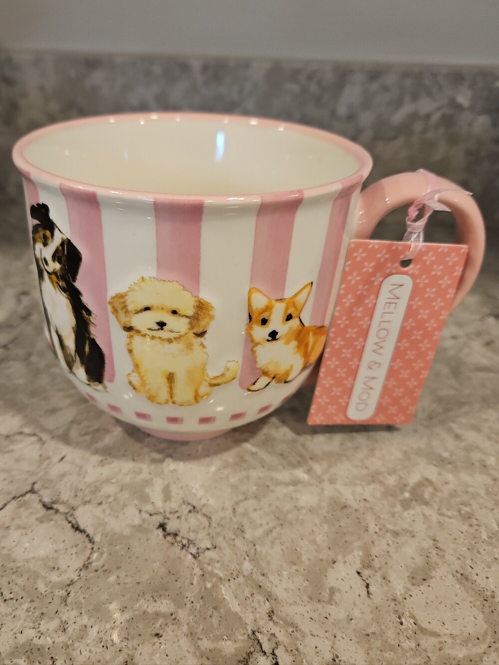 Mellow & Mod Pink Stripe Dogs Coffee Mug Corgi Doodle Sheltie